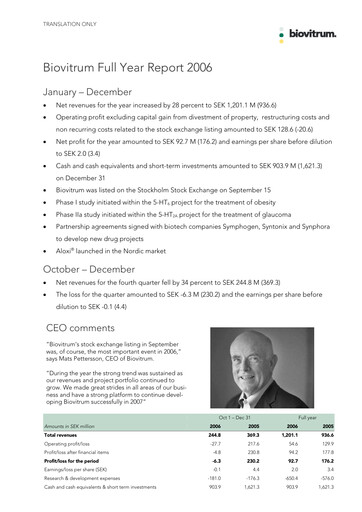 Thumbnail Swedish Orphan Biovitrum Financial Statement 2006
