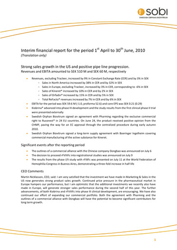 Thumbnail Swedish Orphan Biovitrum Quarterly Report 2010-q2