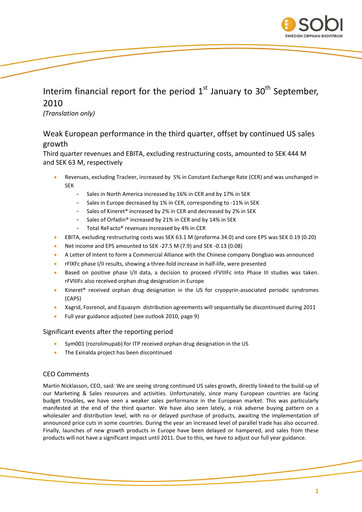 Thumbnail Swedish Orphan Biovitrum Quarterly Report 2010-q3