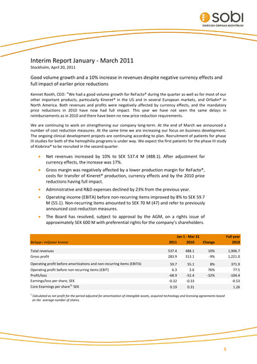Thumbnail Swedish Orphan Biovitrum Quarterly Report 2011-q1