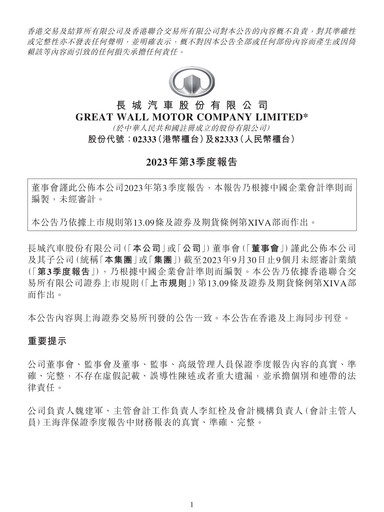 Thumbnail Great Wall Motors Quarterly Report 2023-q3