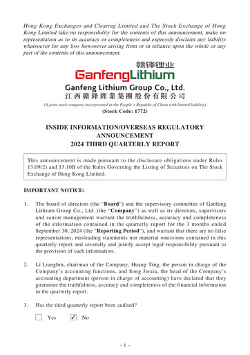 Thumbnail Ganfeng Lithium Quarterly Report 2024-q3