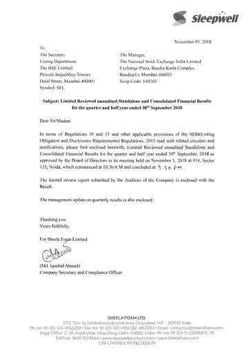 Thumbnail Sheela Foam
 Quarterly Report 2018-q2