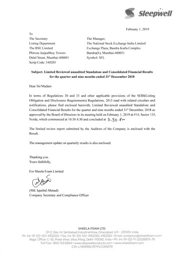 Thumbnail Sheela Foam
 Quarterly Report 2018-q3