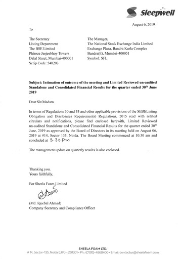 Thumbnail Sheela Foam
 Quarterly Report 2019-q1