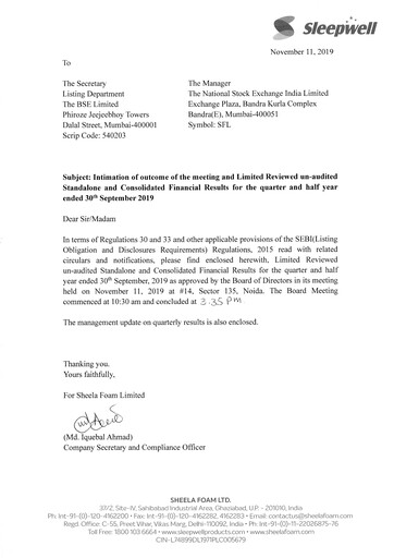 Thumbnail Sheela Foam
 Quarterly Report 2019-q2
