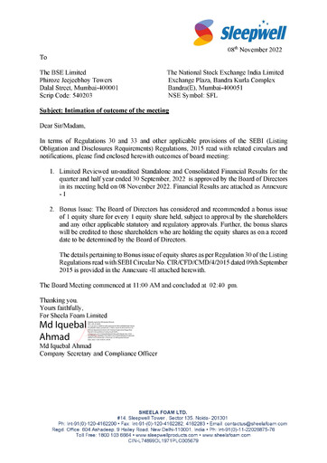 Thumbnail Sheela Foam
 Quarterly Report 2022-q2