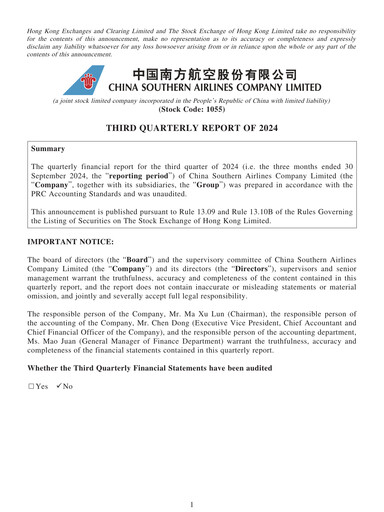 Vorschaubild China Southern Airlines
 Quartalsbericht 2024-q3