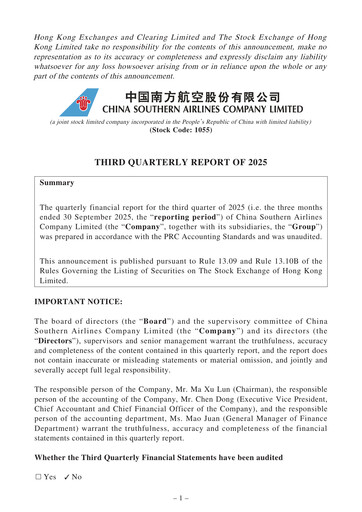 Thumbnail China Southern Airlines
 Quarterly Report 2025-q3