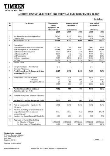 Vorschaubild Timken India Finanzmitteilung 2007