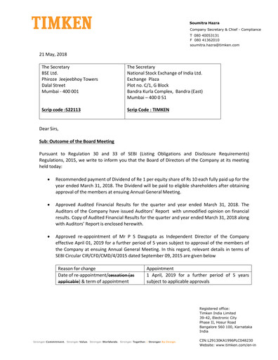 Vorschaubild Timken India Finanzmitteilung 2017-2018