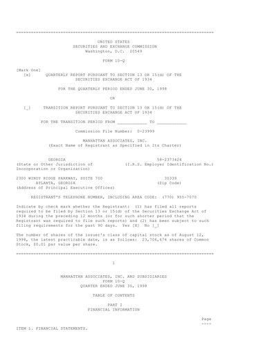 Thumbnail Manhattan Associates
 Quarterly Report 1998-q2