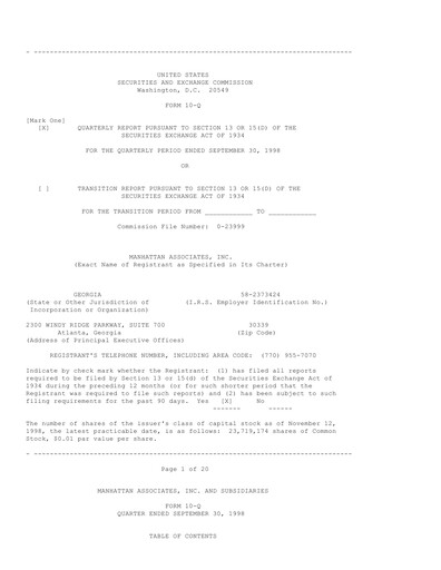 Thumbnail Manhattan Associates
 Quarterly Report 1998-q3