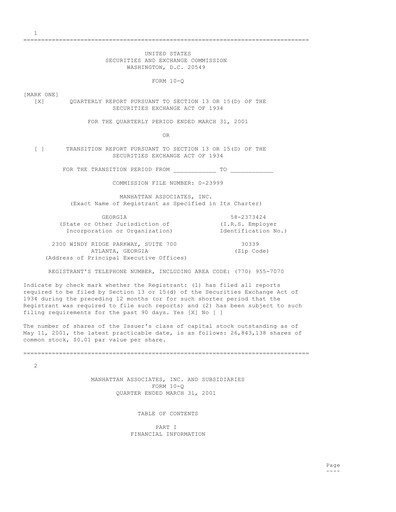 Thumbnail Manhattan Associates
 Quarterly Report 2001-q1