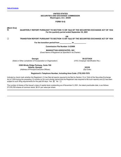 Thumbnail Manhattan Associates
 Quarterly Report 2001-q3