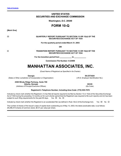 Thumbnail Manhattan Associates
 Quarterly Report 2003-q1