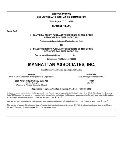 Thumbnail Manhattan Associates
 Quarterly Report 2003-q3