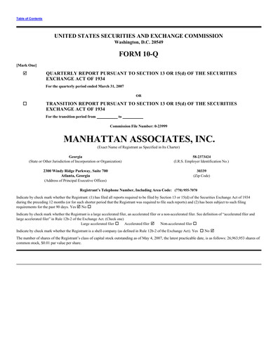 Thumbnail Manhattan Associates
 Quarterly Report 2007-q1
