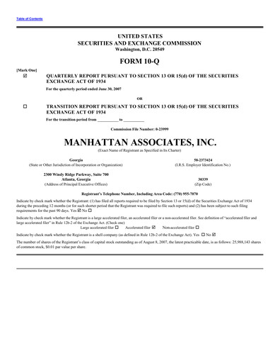 Thumbnail Manhattan Associates
 Quarterly Report 2007-q2