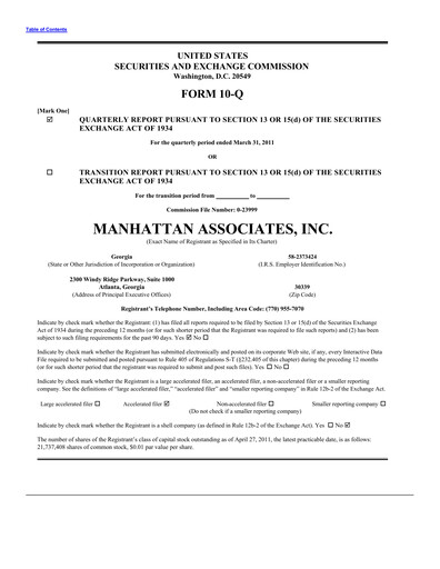Thumbnail Manhattan Associates
 Quarterly Report 2011-q1