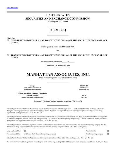 Thumbnail Manhattan Associates
 Quarterly Report 2014-q1