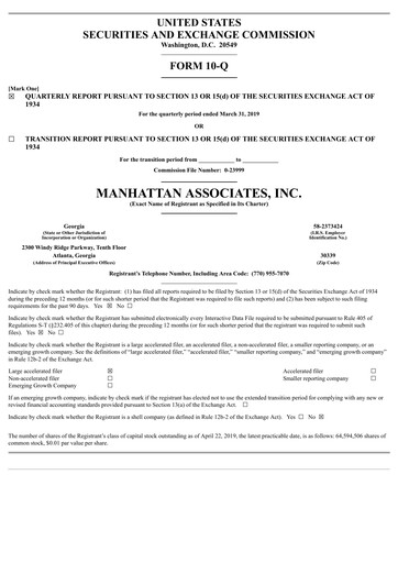 Thumbnail Manhattan Associates
 Quarterly Report 2019-q1