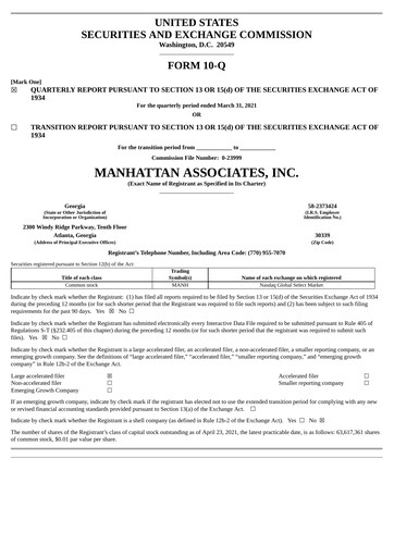 Thumbnail Manhattan Associates
 Quarterly Report 2021-q1