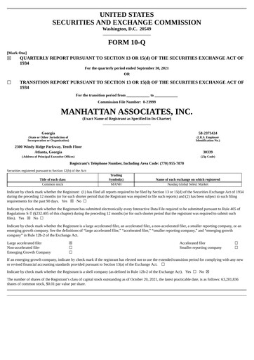 Thumbnail Manhattan Associates
 Quarterly Report 2021-q3