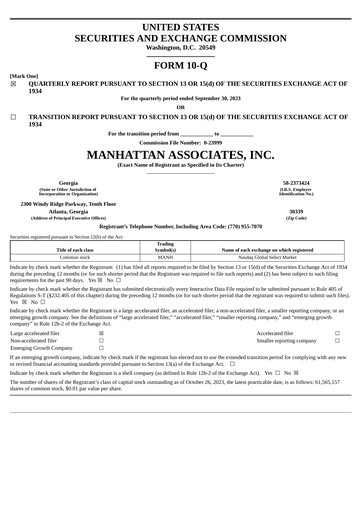 Thumbnail Manhattan Associates
 Quarterly Report 2023-q3