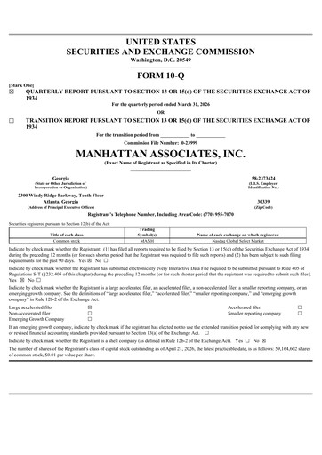 Thumbnail Manhattan Associates
 Quarterly Report 2026-q1