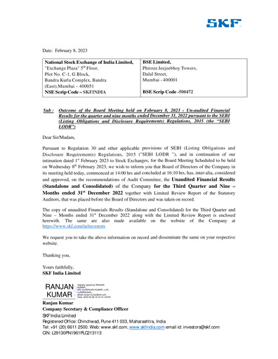 Miniature SKF India Rapport trimestriel 2022-q3