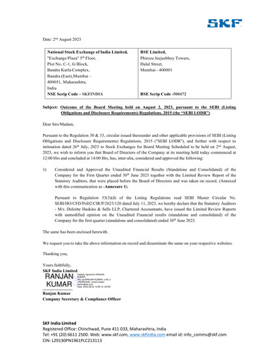Miniature SKF India Rapport trimestriel 2023-q1