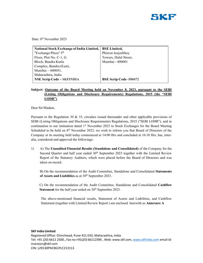Miniature SKF India Rapport trimestriel 2023-q2
