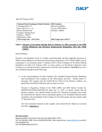 Miniature SKF India Rapport trimestriel 2023-q3