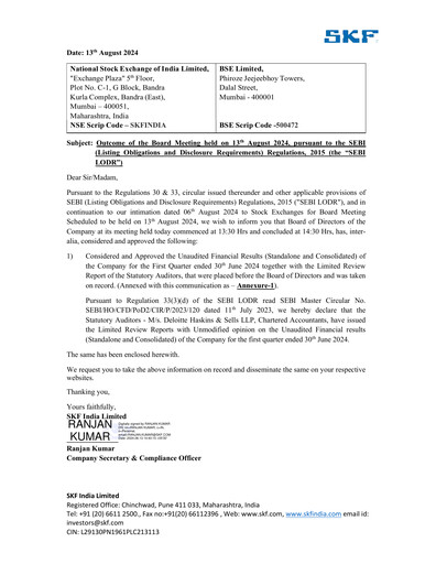 Miniature SKF India Rapport trimestriel 2024-q1