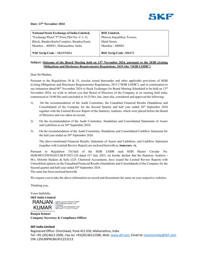 Miniature SKF India Rapport trimestriel 2024-q2