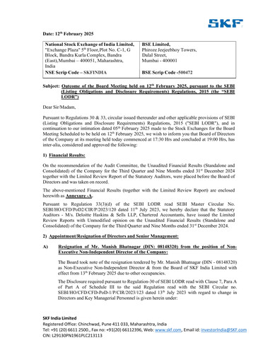 Miniature SKF India Rapport trimestriel 2024-q3