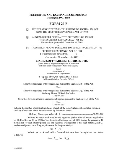 Vorschaubild Magic Software Jahresbericht 2003