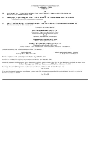 Vorschaubild Magic Software Jahresbericht 2010