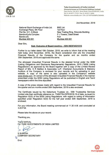 Thumbnail Tube Investments of India Quarterly Report 2018-q2