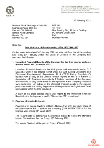 Thumbnail Tube Investments of India Quarterly Report 2021-q3