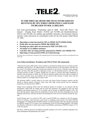 Thumbnail Tele2 Quarterly Report 2004-q1