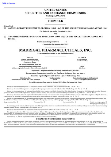 Miniature Madrigal Pharmaceuticals
 Rapport annuel 2019