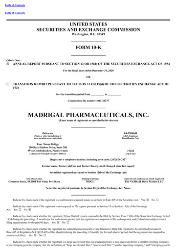 Miniature Madrigal Pharmaceuticals
 Rapport annuel 2020
