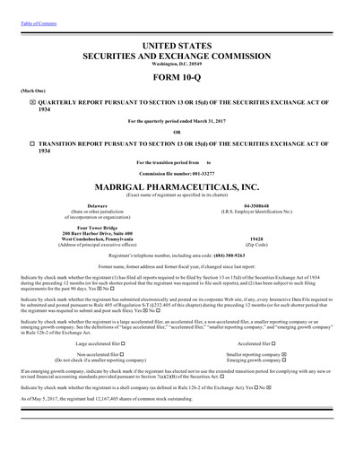 Miniature Madrigal Pharmaceuticals
 Rapport trimestriel 2017-q1