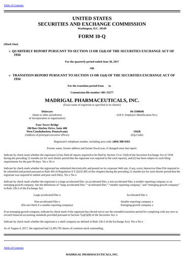 Miniature Madrigal Pharmaceuticals
 Rapport trimestriel 2017-q2