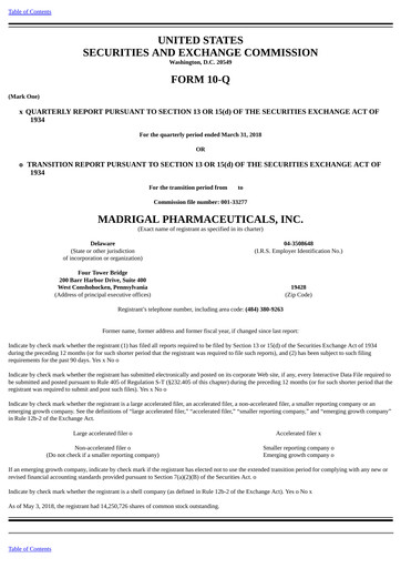 Miniature Madrigal Pharmaceuticals
 Rapport trimestriel 2018-q1