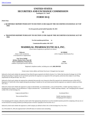 Miniature Madrigal Pharmaceuticals
 Rapport trimestriel 2018-q3