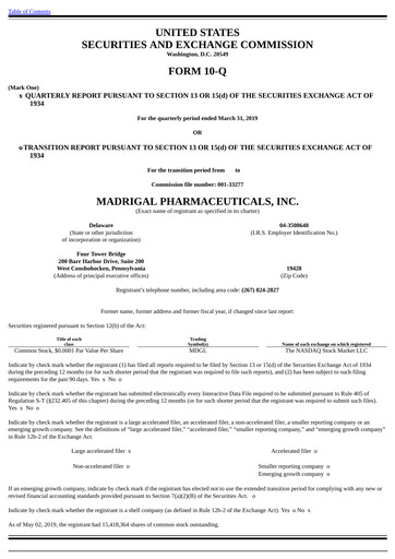 Miniature Madrigal Pharmaceuticals
 Rapport trimestriel 2019-q1