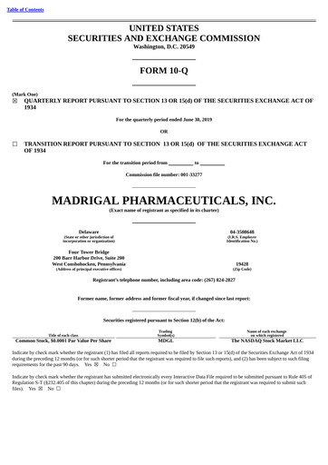 Miniature Madrigal Pharmaceuticals
 Rapport trimestriel 2019-q2